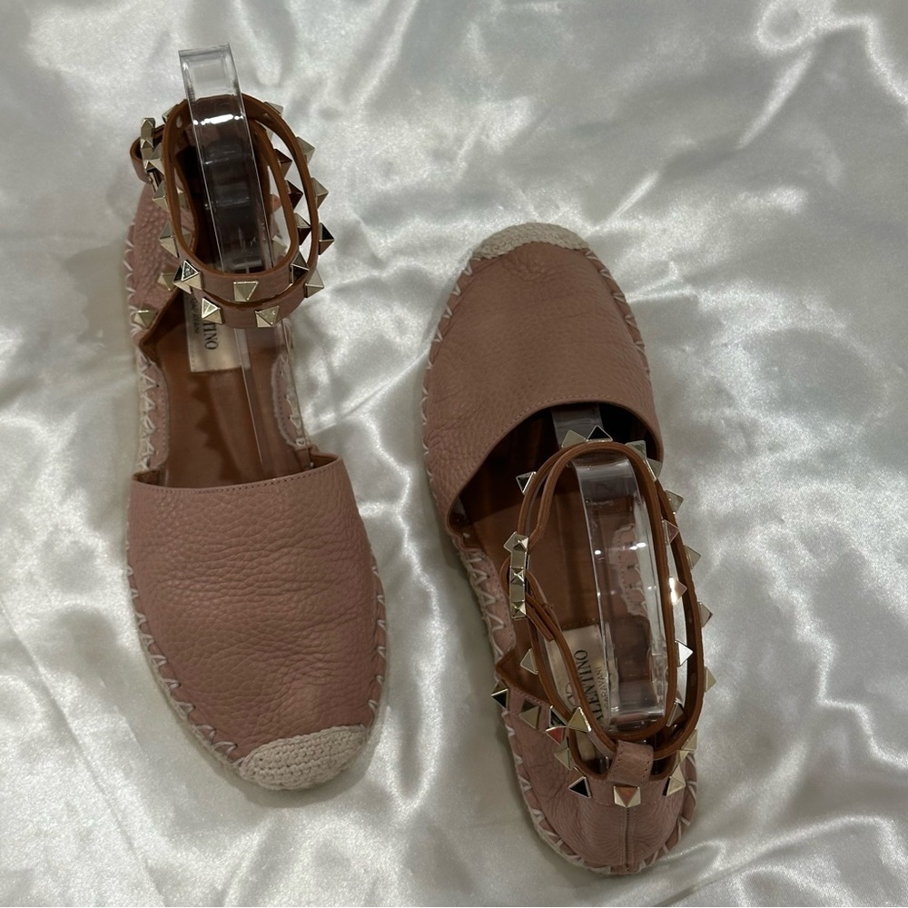 Valentino Garavani Rockstud Espadrille Sandals Leather Wrap Ankle Poudre Pink 35 - Picture 5 of 12